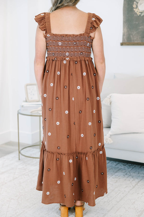 Plus size brown floral embroidered maxi dress with a smocked bodice and flutter straps.