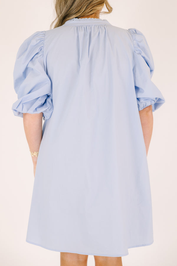 Chic Soul plus size clothing, light blue knee length dress with short bubble sleeves and a v-neckline that is outlined in a scalloped detail