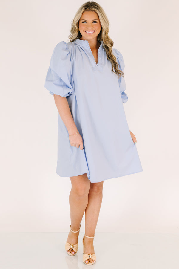 Chic Soul plus size clothing, light blue knee length dress with short bubble sleeves and a v-neckline that is outlined in a scalloped detail