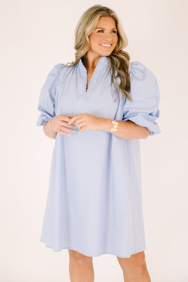 Chic Soul plus size clothing, light blue knee length dress with short bubble sleeves and a v-neckline that is outlined in a scalloped detail