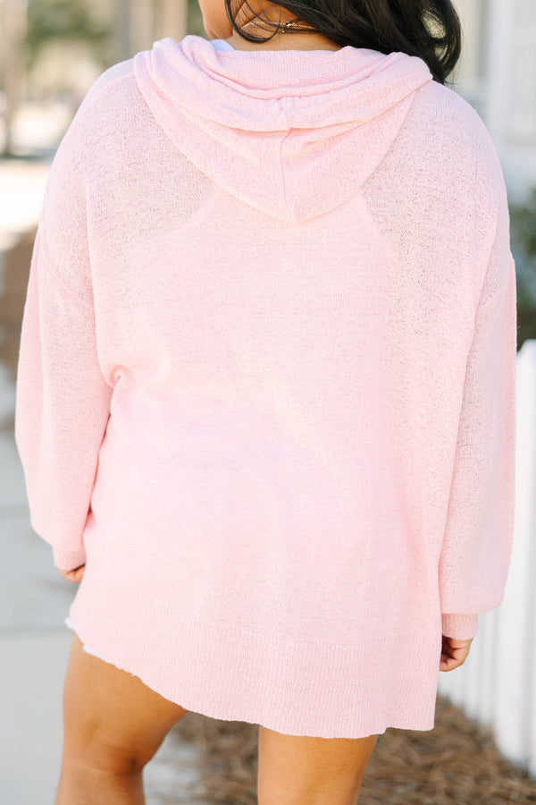 Chic Soul plus size clothing, light pink long sleeve open cardigan with drawstrings hanging from the neckline