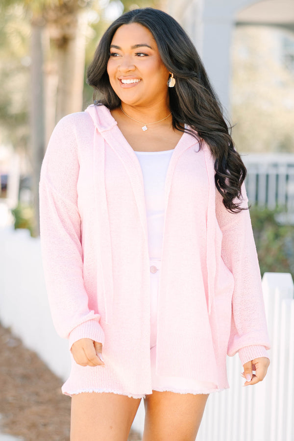 Chic Soul plus size clothing, light pink long sleeve open cardigan with drawstrings hanging from the neckline