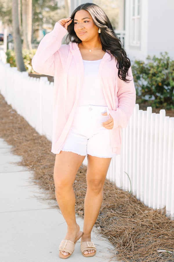 Chic Soul plus size clothing, light pink long sleeve open cardigan with drawstrings hanging from the neckline