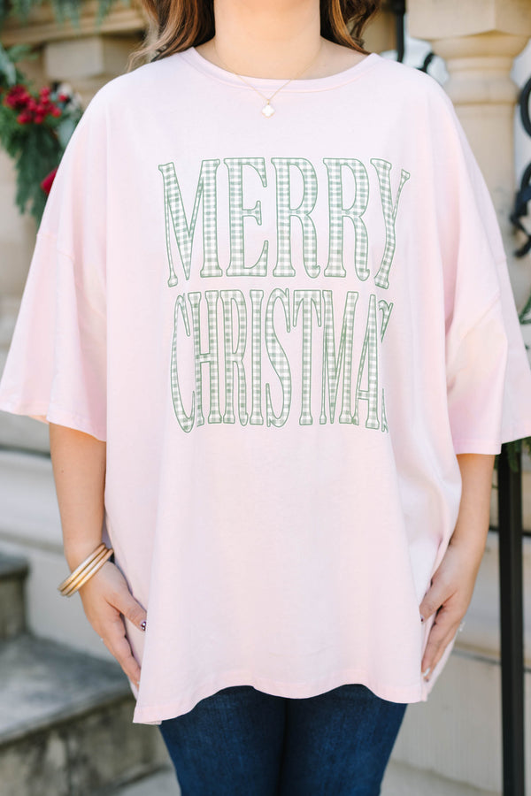 Plus Size cream pink oversized boyfriend tee with a green gingham Merry Christmas graphic.