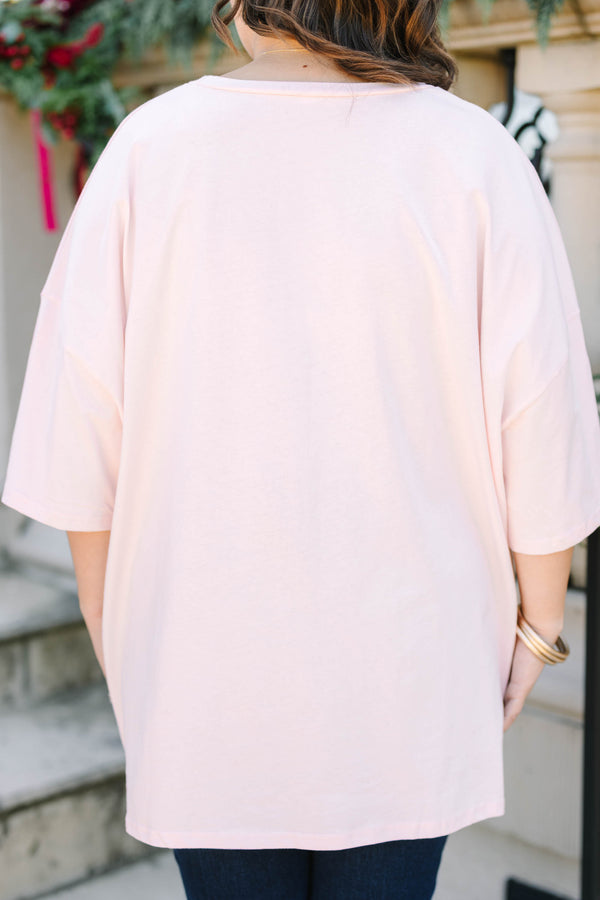 Plus Size cream pink oversized boyfriend tee with a green gingham Merry Christmas graphic.