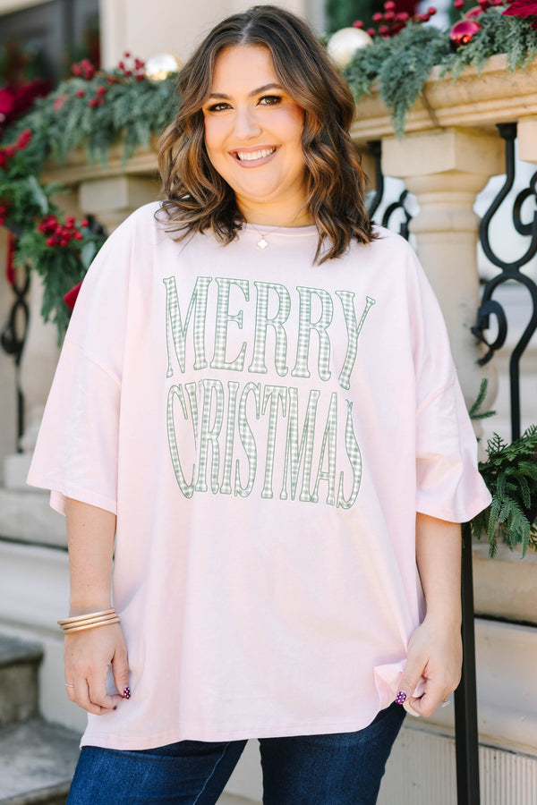 Plus Size cream pink oversized boyfriend tee with a green gingham Merry Christmas graphic.