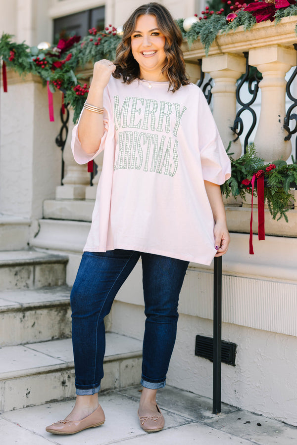 Plus Size cream pink oversized boyfriend tee with a green gingham Merry Christmas graphic.