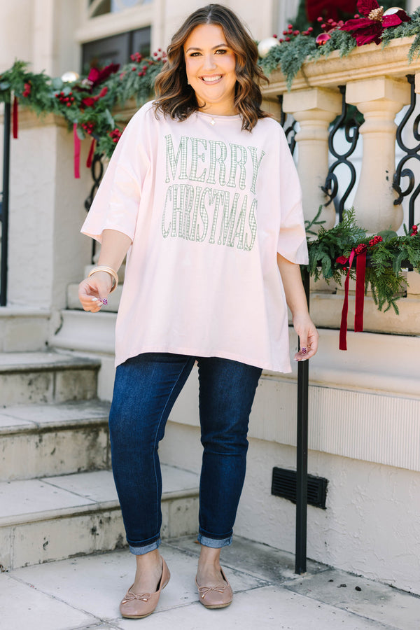 Plus Size cream pink oversized boyfriend tee with a green gingham Merry Christmas graphic.