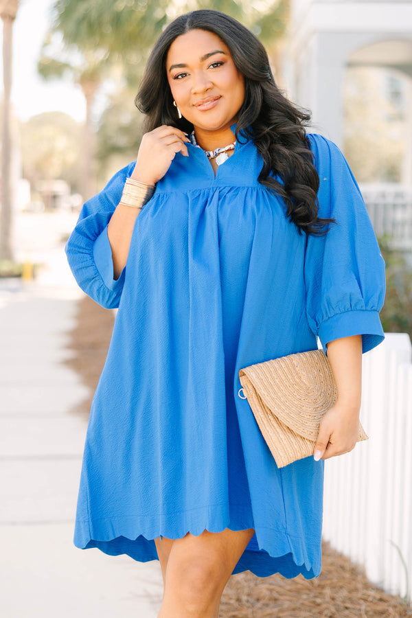 Chic Soul plus size clothing, bright blue half puff sleeve dress with scalloped edges and a v neck cutout and collar