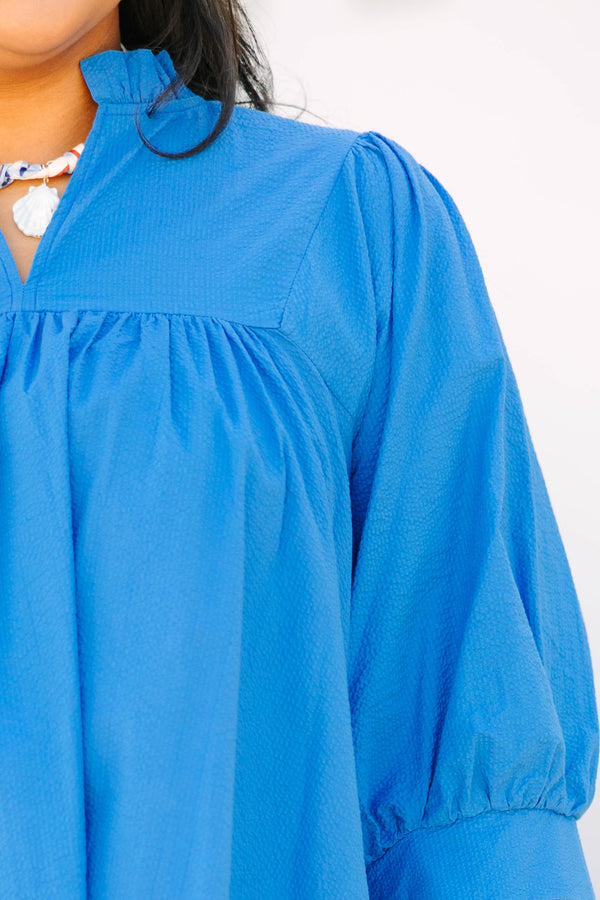 Chic Soul plus size clothing, bright blue half puff sleeve dress with scalloped edges and a v neck cutout and collar