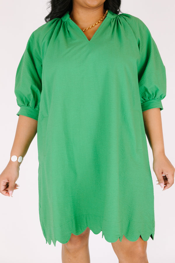 Chic Soul plus size clothing, Kelly green short puff sleeve baby doll dress with scalloped hem and v neck cutout 