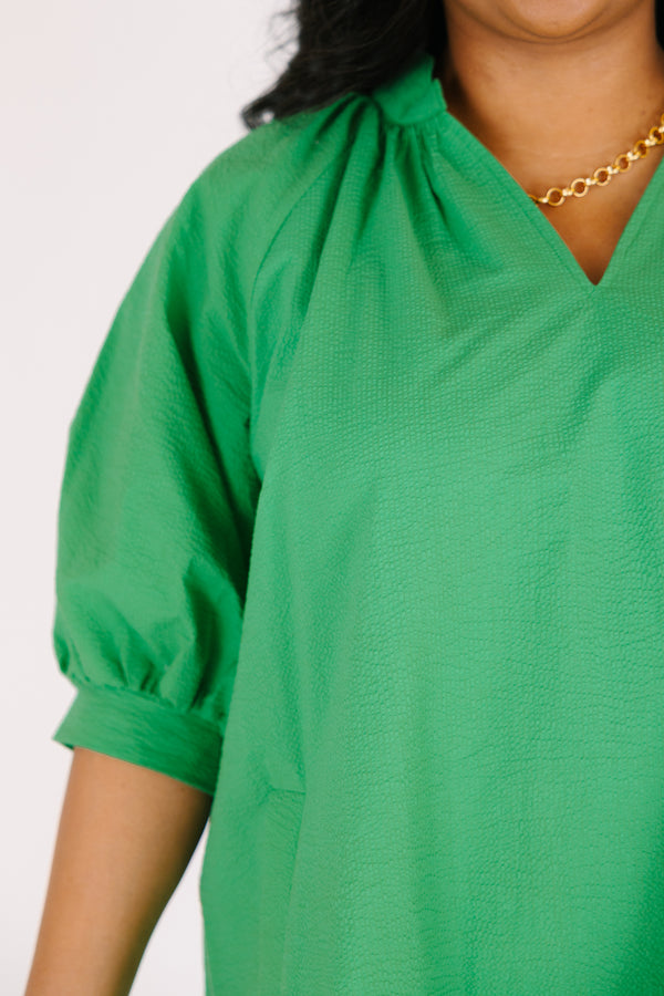 Chic Soul plus size clothing, Kelly green short puff sleeve baby doll dress with scalloped hem and v neck cutout 