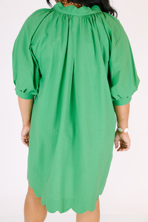 Chic Soul plus size clothing, Kelly green short puff sleeve baby doll dress with scalloped hem and v neck cutout 