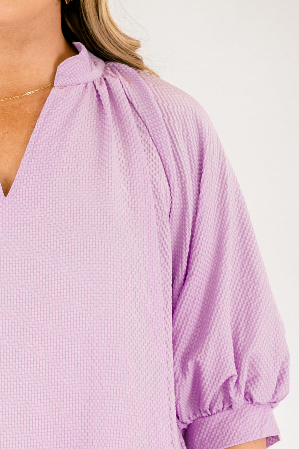 Chic Soul plus size clothing, light purple 3/4 puff sleeve baby doll dress with v neckline cutout and scalloped trim at the bottom