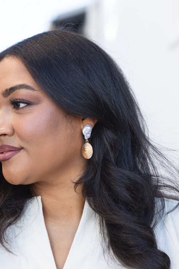 Chic Soul plus size clothing, pearl shell with small diamond embellishments and gold shell attached dangle earrings