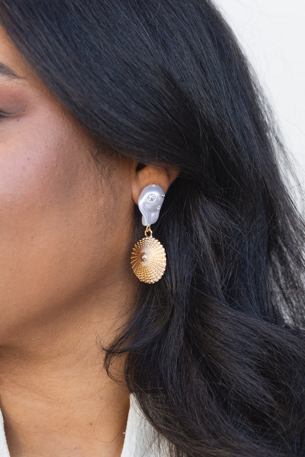 Chic Soul plus size clothing, pearl shell with small diamond embellishments and gold shell attached dangle earrings