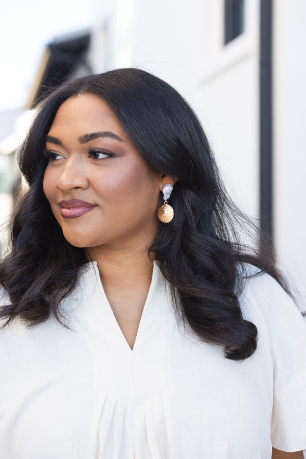 Chic Soul plus size clothing, pearl shell with small diamond embellishments and gold shell attached dangle earrings