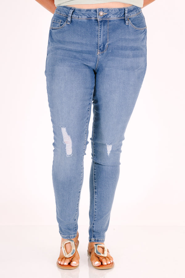 Chic Soul plus size clothing, medium wash skinny jeans with distressing at the knees
