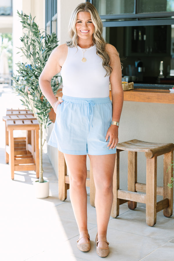 Plus Size light blue cotton linen blend shorts with an elastic drawstring waistband.