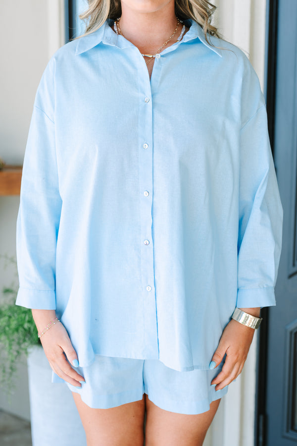Plus Size light blue cotton-linen button-down shirt with a collar and long sleeves.