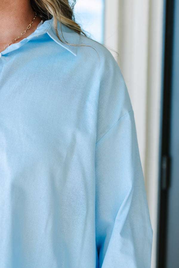 Plus Size light blue cotton-linen button-down shirt with a collar and long sleeves.