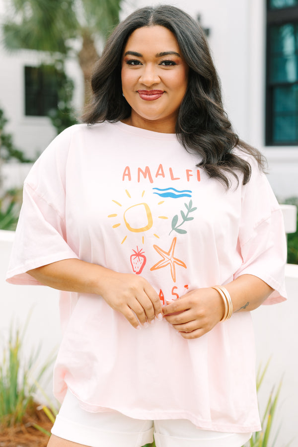 Chic Soul plus size clothing, cream pink graphic tee with various drawings throughout the shirt like a sunshine waves starfish strawberries and more as well as 