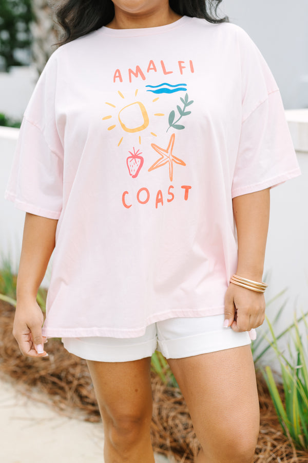 Chic Soul plus size clothing, cream pink graphic tee with various drawings throughout the shirt like a sunshine waves starfish strawberries and more as well as 