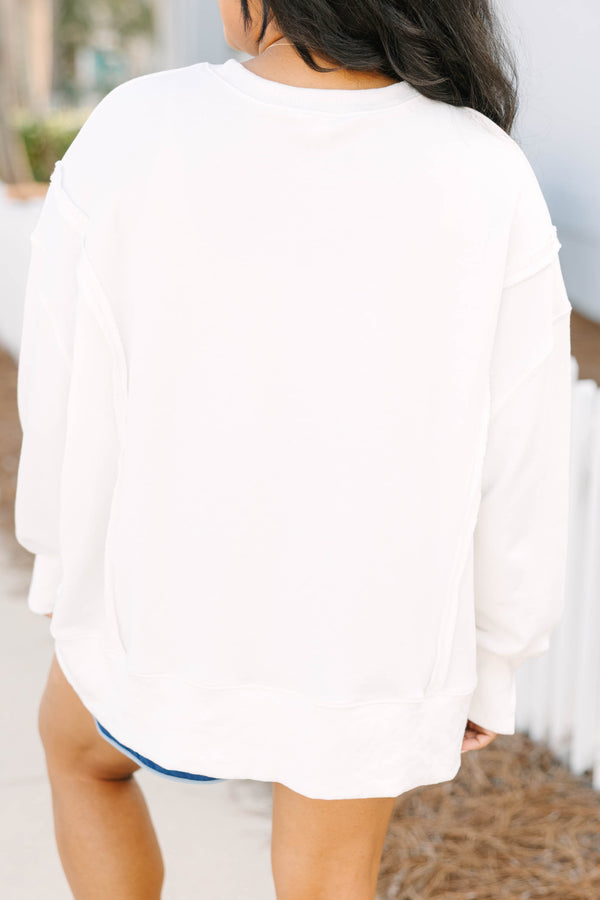 Chic Soul plus size clothing, ivory white long sleeve comfy crewneck sweatshirt with 