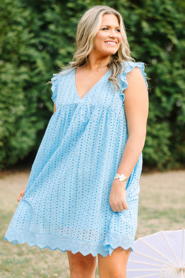 Chic Soul plus size clothing, light blue ruffle sleeveless short dress with v-neckline and eyelet detailing and scalloped hem at the bottom of the dress