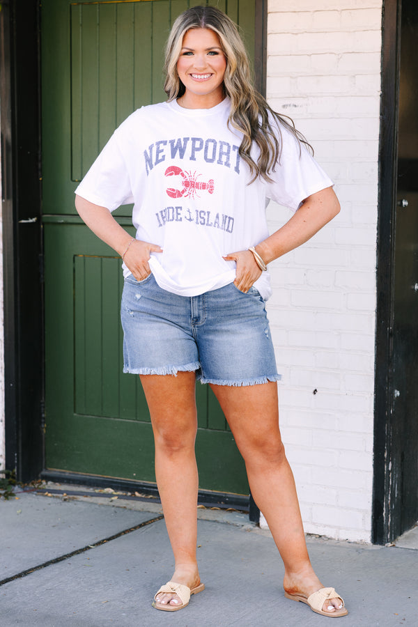 Chic Soul plus size clothing, white short sleeve tee with “Newport Rhode Island” text in denim blue block font and a red lobster graphic in the middle
