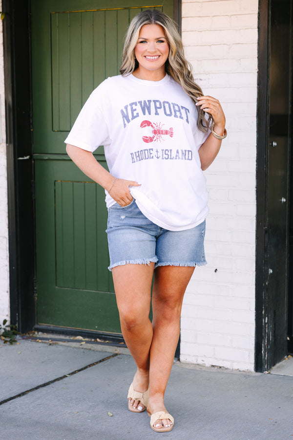Chic Soul plus size clothing, white short sleeve tee with “Newport Rhode Island” text in denim blue block font and a red lobster graphic in the middle