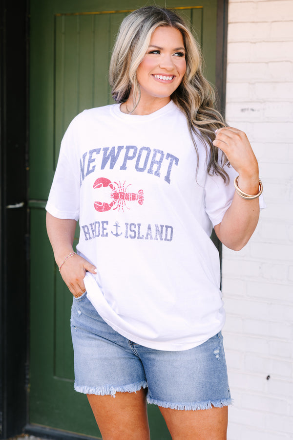 Chic Soul plus size clothing, white short sleeve tee with “Newport Rhode Island” text in denim blue block font and a red lobster graphic in the middle