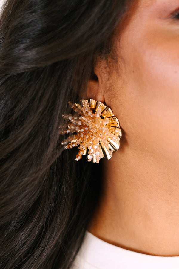 Chic Soul plus size clothing, gold statement floral earrings with a luxe textured design giving them a blooming flower silhouette