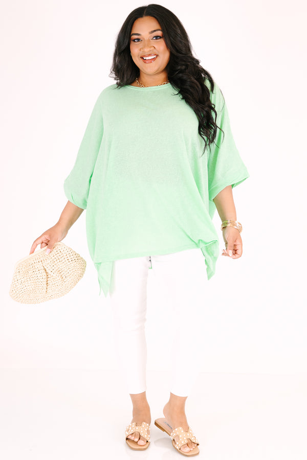 Chic Soul plus size clothing, mint green flowy short sleeve tunic with a high scoop neck 
