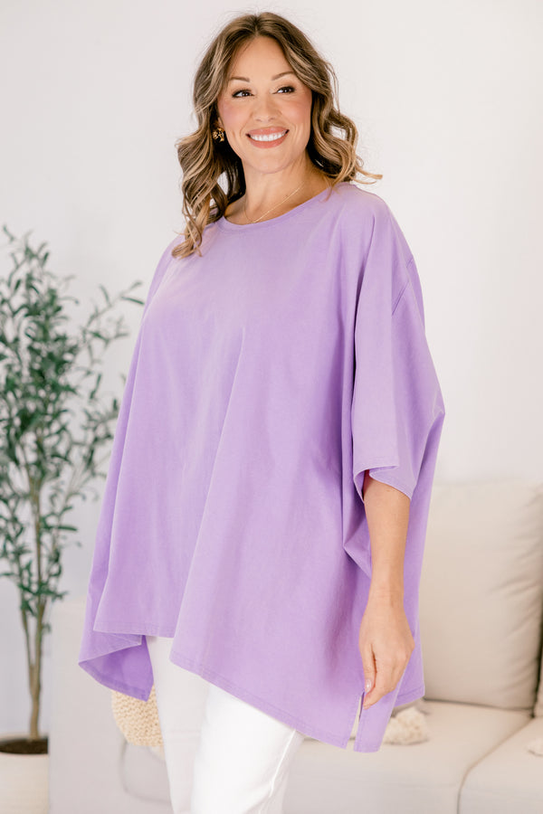 Chic Soul plus size clothing, purple flowy short sleeve tunic with a high neck 