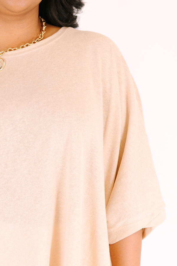 Chic Soul plus size clothing, tan flowy short sleeve tunic with a high scoop neck 
