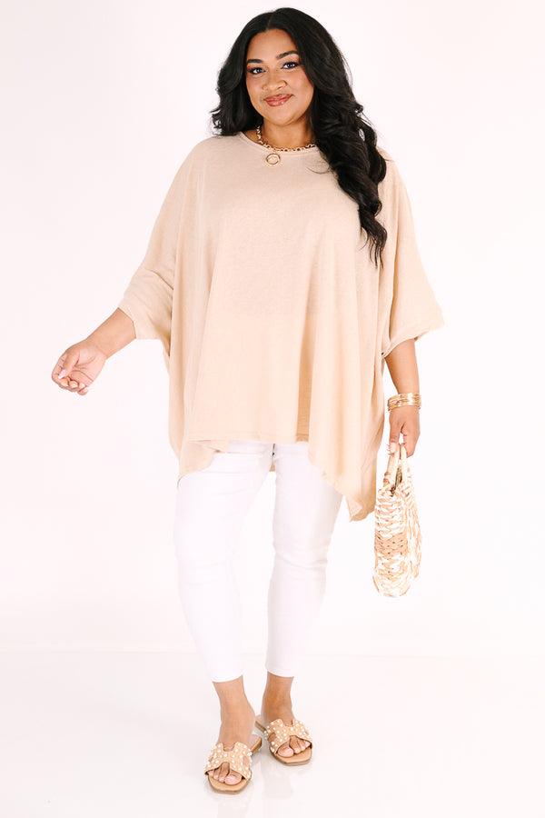Chic Soul plus size clothing, tan flowy short sleeve tunic with a high scoop neck 