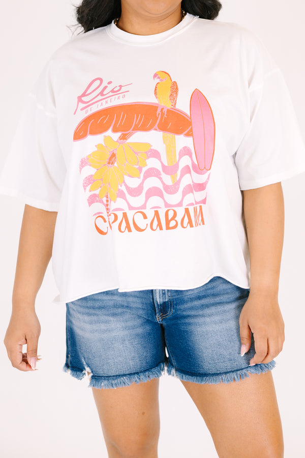 Plus Size white vintage wash graphic tee with a tropical Copacabana design and unfinished hem.