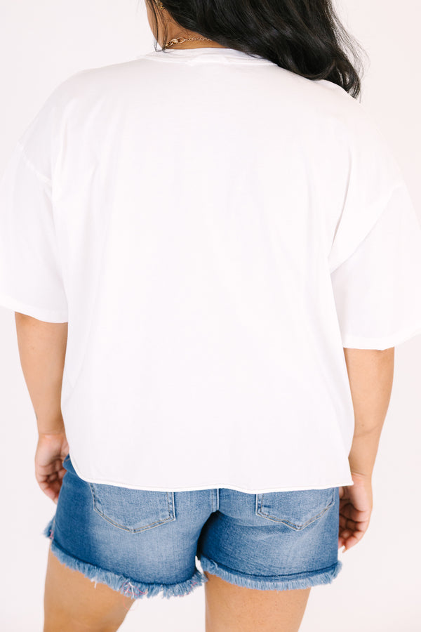 Plus Size white vintage wash graphic tee with a tropical Copacabana design and unfinished hem.
