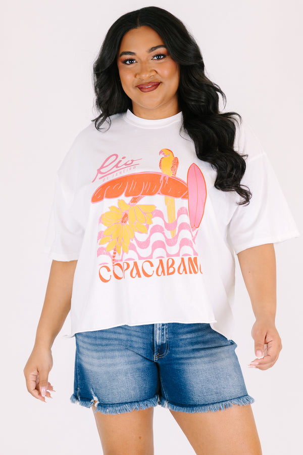 Plus Size white vintage wash graphic tee with a tropical Copacabana design and unfinished hem.