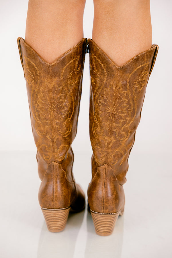 Chic Soul plus size clothing, brown leather pointed toe cowboy boots with zipper on the side