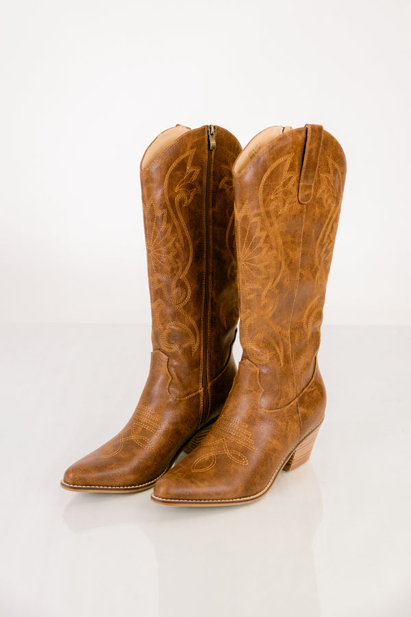 Chic Soul plus size clothing, brown leather pointed toe cowboy boots with zipper on the side
