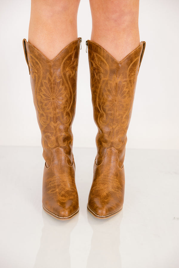 Chic Soul plus size clothing, brown leather pointed toe cowboy boots with zipper on the side