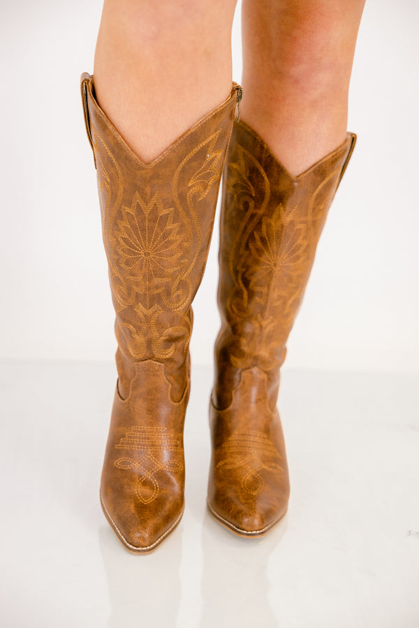 Chic Soul plus size clothing, brown leather pointed toe cowboy boots with zipper on the side