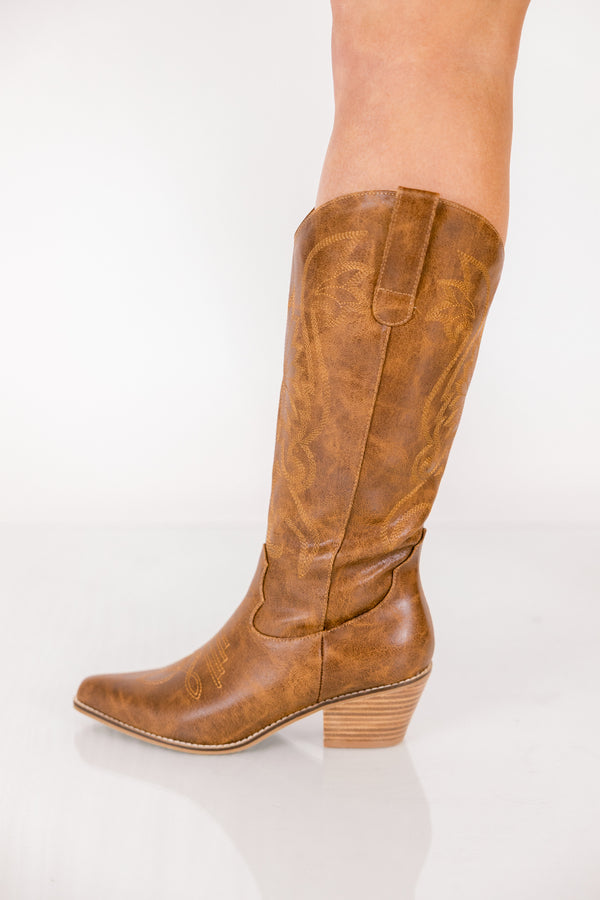 Chic Soul plus size clothing, brown leather pointed toe cowboy boots with zipper on the side