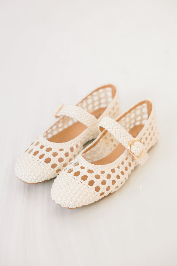 Chic Soul plus size clothing, white woven ballet flats with a strap going across the top of the foot that has a gold buckle detail 