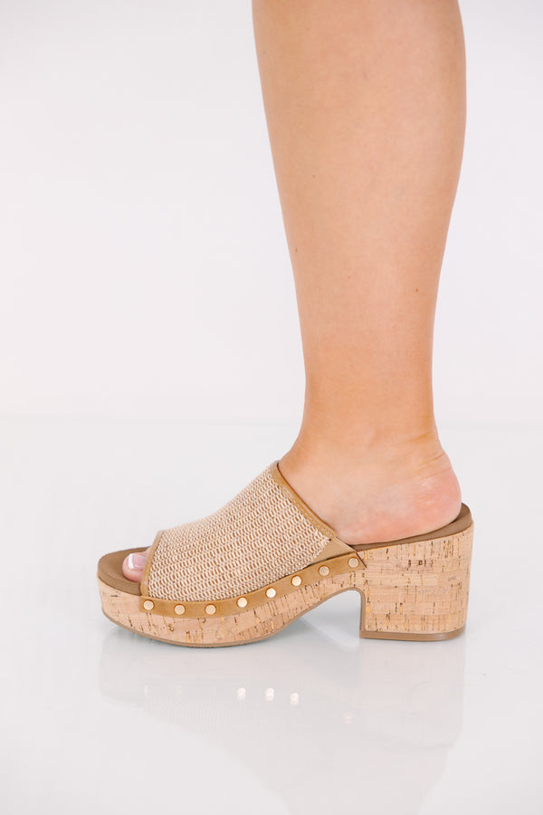 Chic Soul plus size clothing, tan raffia open toe block heel wedges with old studs around the soul