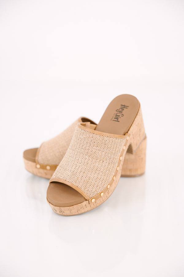 Chic Soul plus size clothing, tan raffia open toe block heel wedges with old studs around the soul