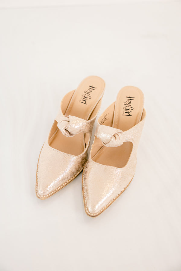 Chic Soul plus size clothing, gold pointed toe block heel with strap with knot detailing 