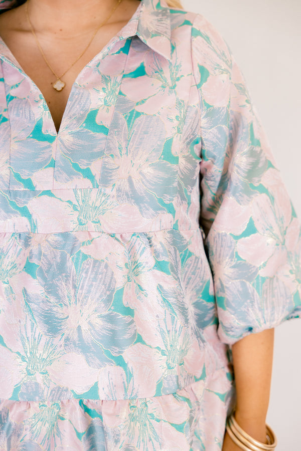 Chic Soul plus size clothing, green and pink floral print 3/4 sleeve tiered baby doll dress with v neck cutout and collar